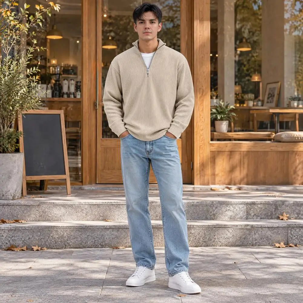 Versatile Solid Color Tops Men's Half Zipper Pullover Sweatshirt Long Sleeve Casual Tops Loose Fit Stand Collar Ribbed for Fall