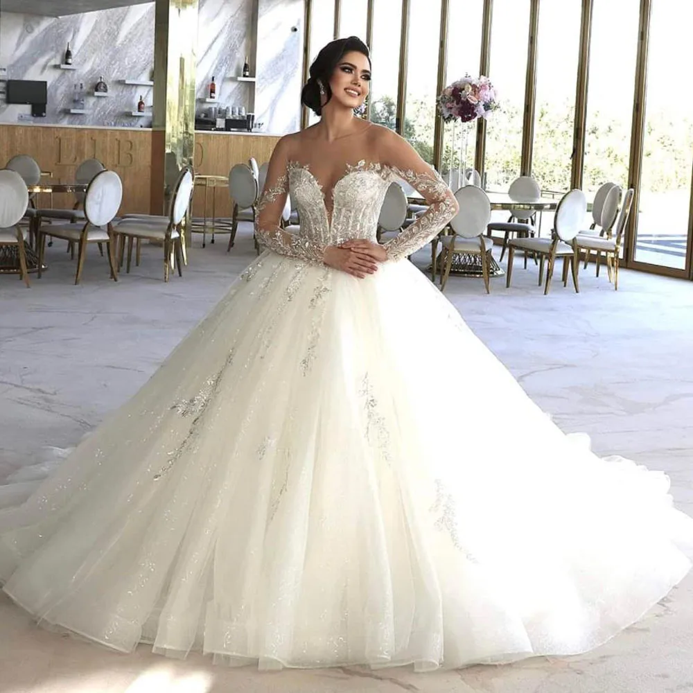 맞춤형 반짝이는 볼 가운 웨딩 드레스 시어 넥 긴 소매 공주 드레스 레이스 아플리케 코르셋 신부 드레스