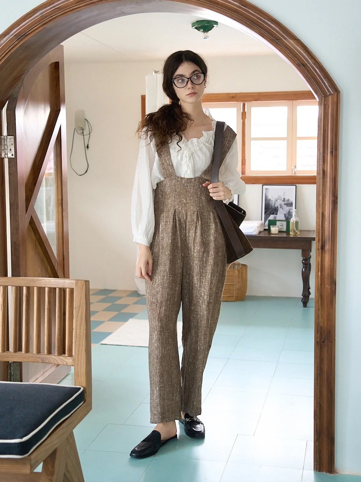 

ETLETE Women's Brown Denim Jumpsuit with Wide Leg Pants Strapped Romper Set Floral Trim Belted Shirt Two Piece Fashion Suit