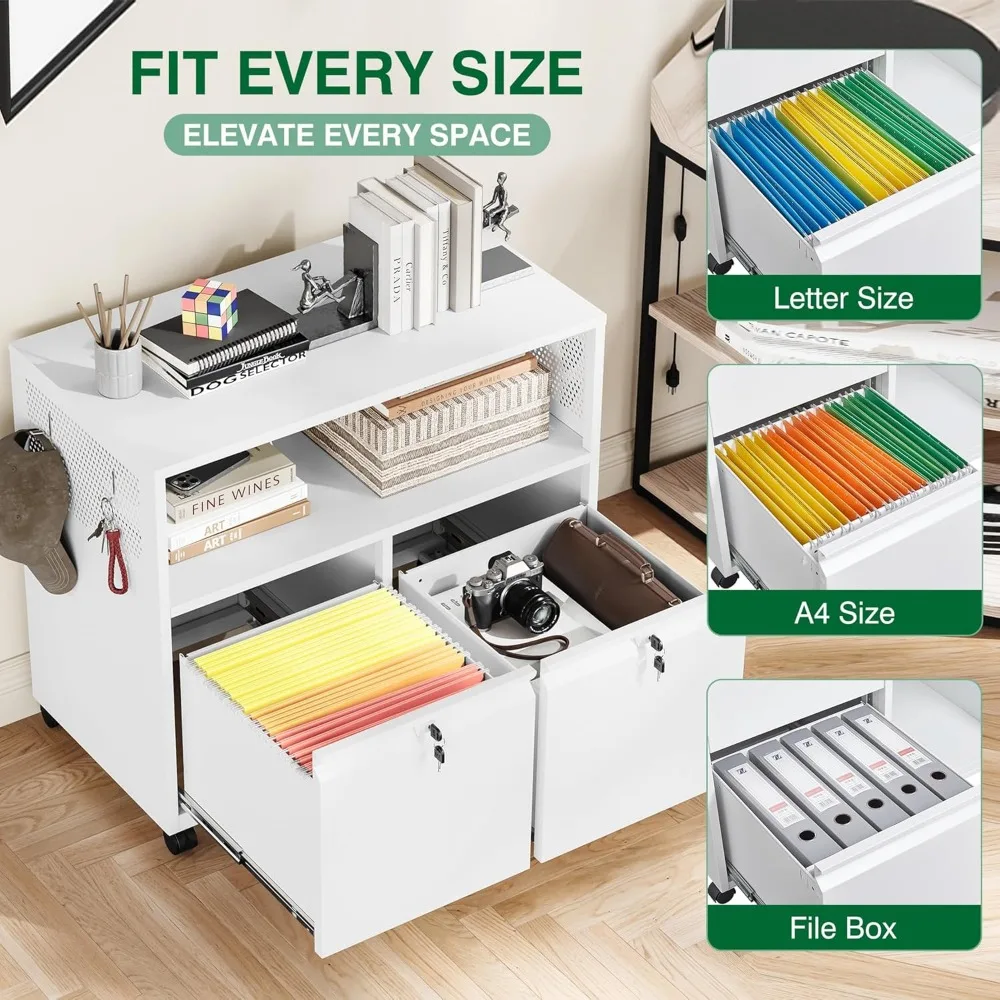 Schedario laterale in metallo con serratura a 2 cassetti con supporto per stampante con rotelle e ripiani portaoggetti per l'organizzazione dell'home office