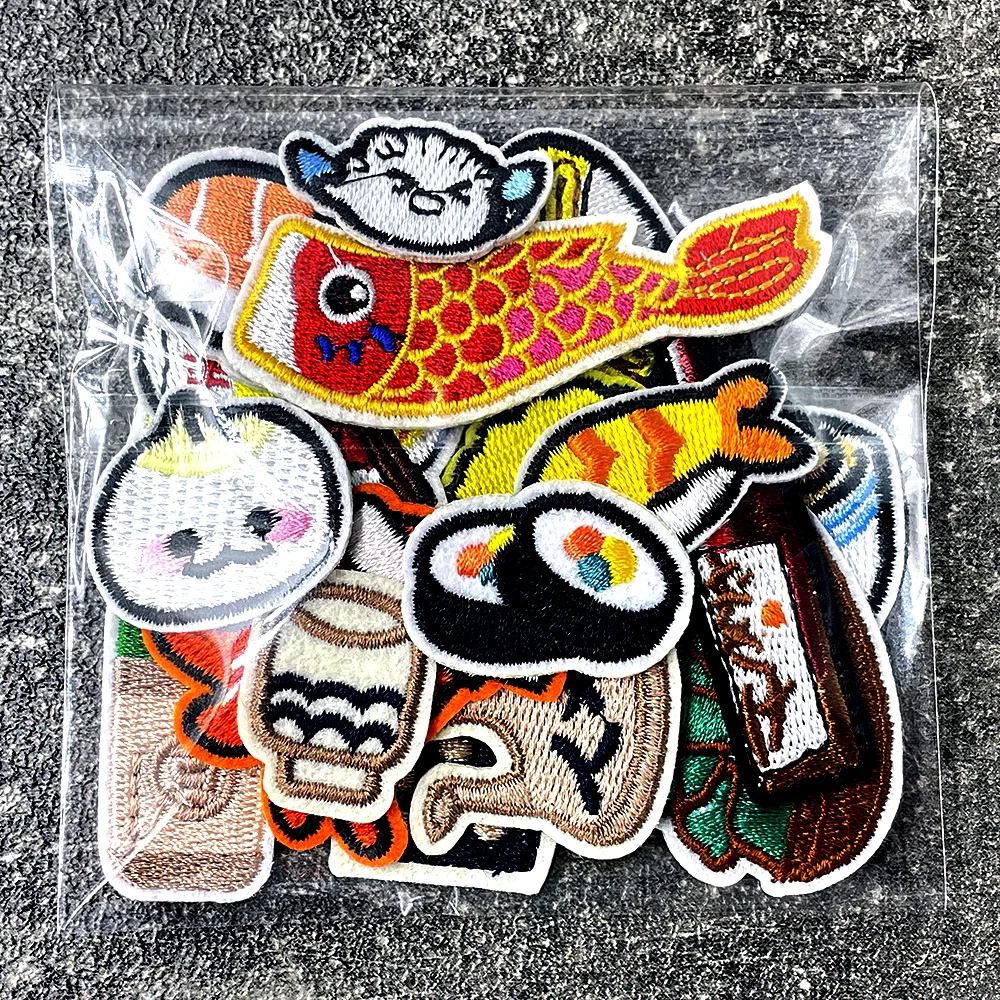 20Pcs/Lot Cartoon Sushi Noodle Fish Iron on Patches Cloth Embroidered Applique Sewing Clothes Apparel Accessories Mend Patch