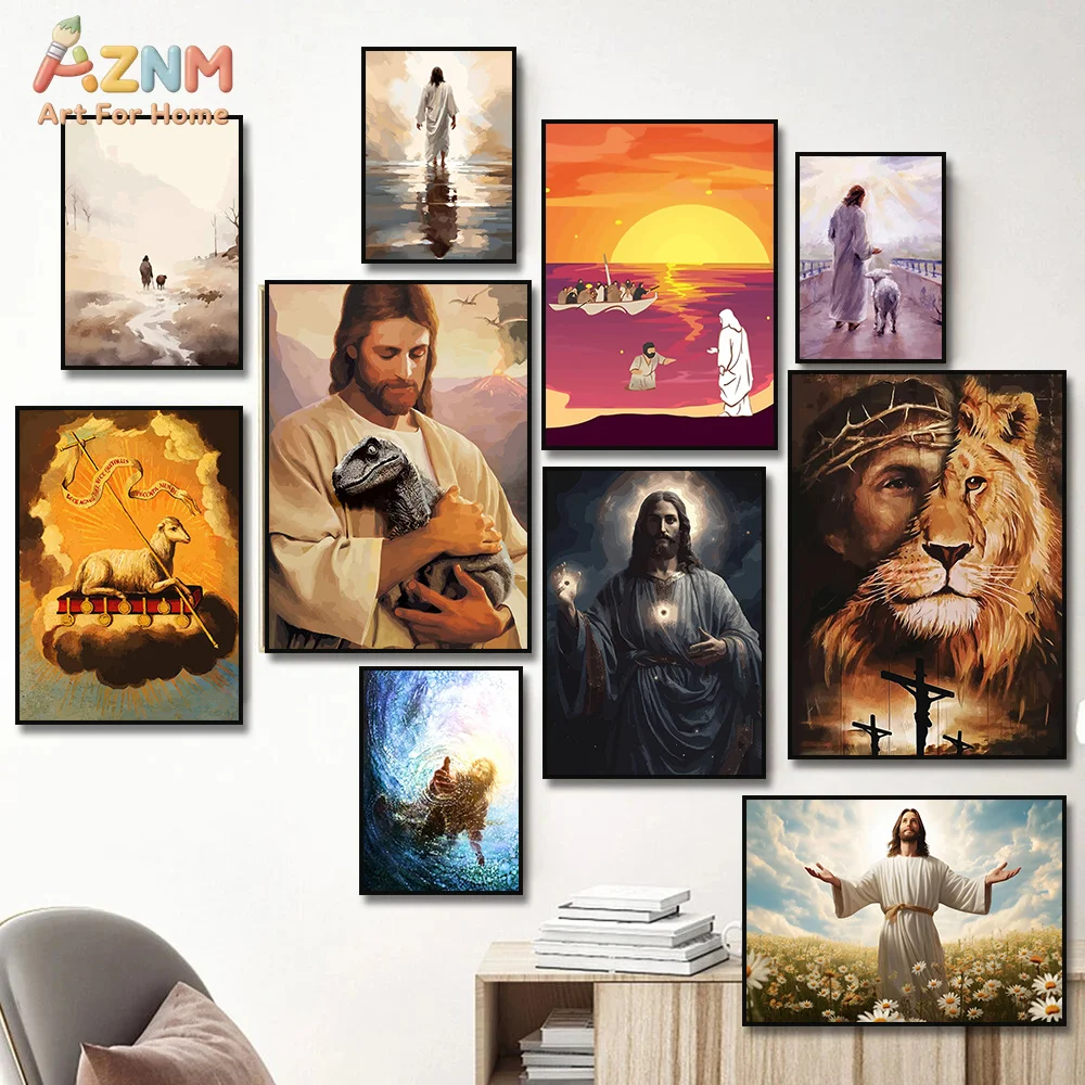 AZNM Jesus Christ Lion of Judah Canvas Wall Art Religious Cross Crown of Thorns Ocean Faith Print Unframed Canvas Christian Bedr