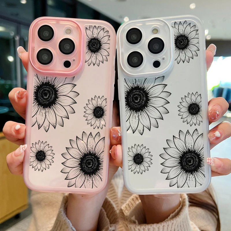 Sunflower Case For iPhone 16 Pro Max 11 12 13 14 15 Pro Max Luxury Lens Protector Shockproof Clear Soft Silicone Cover Fundas