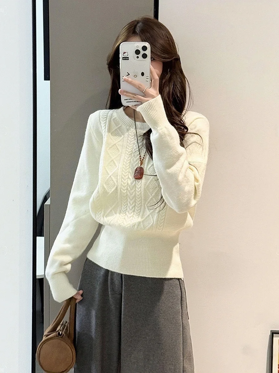 

Pink Twisted Knit Sweater Women's Autumn Winter Slimming Base Layer Top Waist-Cinching Casual Loose Fit Comfortable Knitted