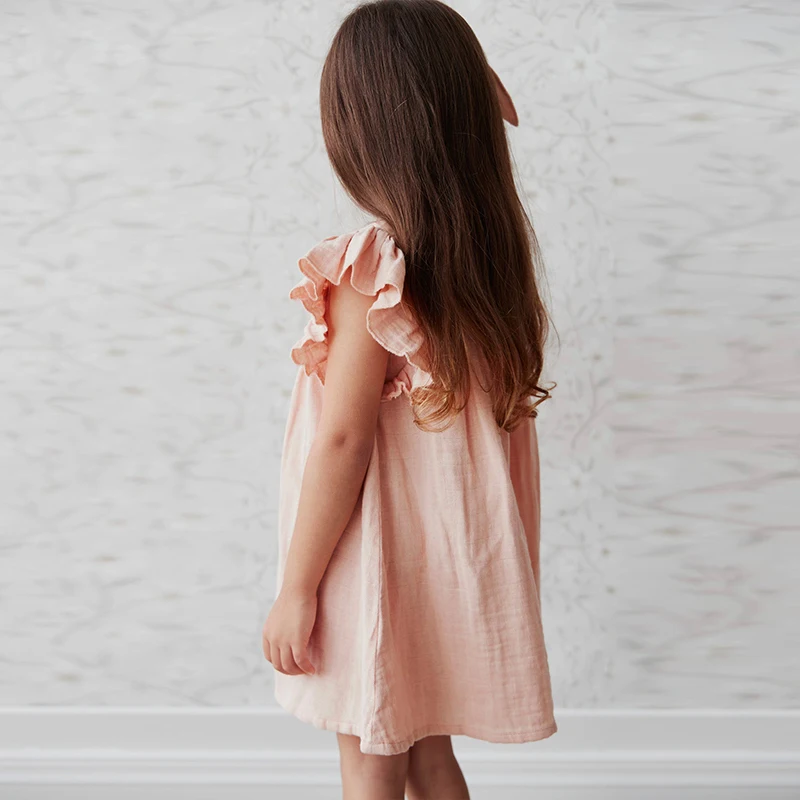 100% Cotton Double Layer Gauze Girls Ruffled Sleeved Dress 2024 Summer New Baby Girl Ruched Loose Sweet Princess Doll Dresses