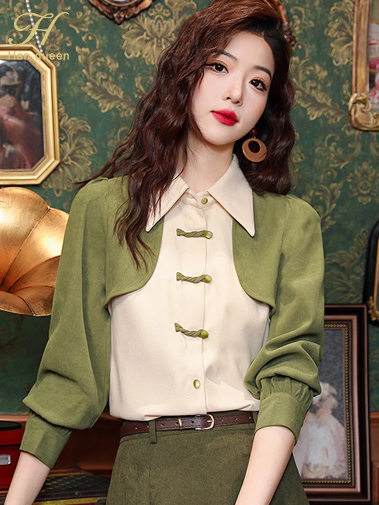 H Han Queen 2024 New Vintage Clothing Office Blouse Female Shirt Chic Long Sleeve Casual Tops Spring Autumn Women Loose Blouses