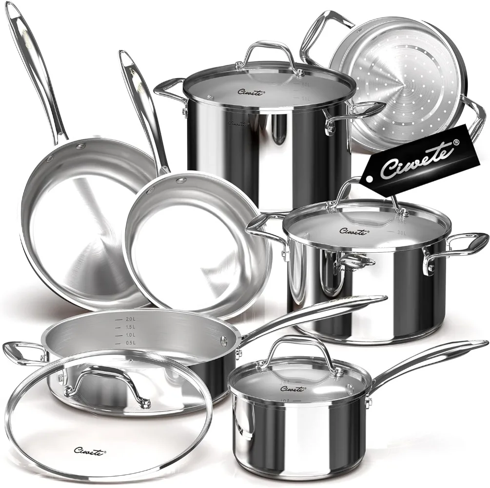 Tri-Ply Stainless Steel Pots and Pans Set 11-PC, 18/10 Stainless Steel Induction Cookware Set with Steamer Insert, Kitchen Cookw