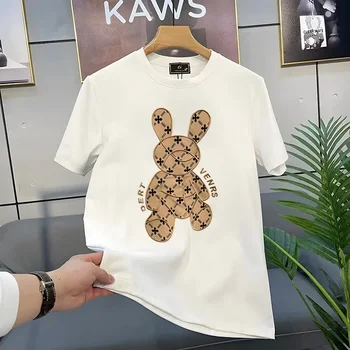 남녀공용 통기성 100% 코튼 루즈 티셔츠, 럭셔리 브랜드, 곰 패턴, 스트리트 의류, 라운드넥 플러스 사이즈 탑, 여름