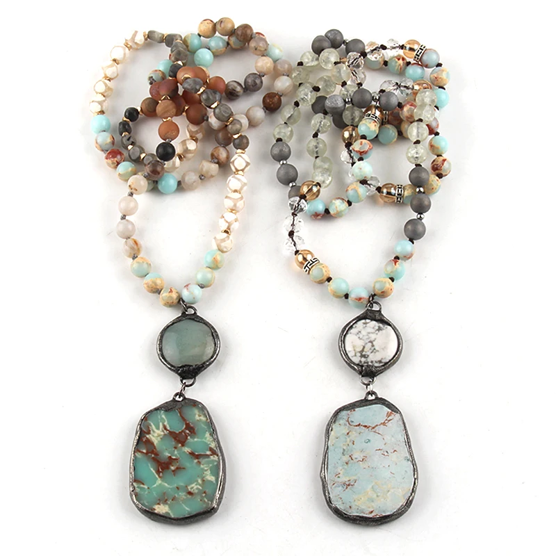 RH Fashion Bohemian Jewelry Accessory 8mm Stone Beads Knotted Dorp Charm Pendant Necklaces For Festival Gift