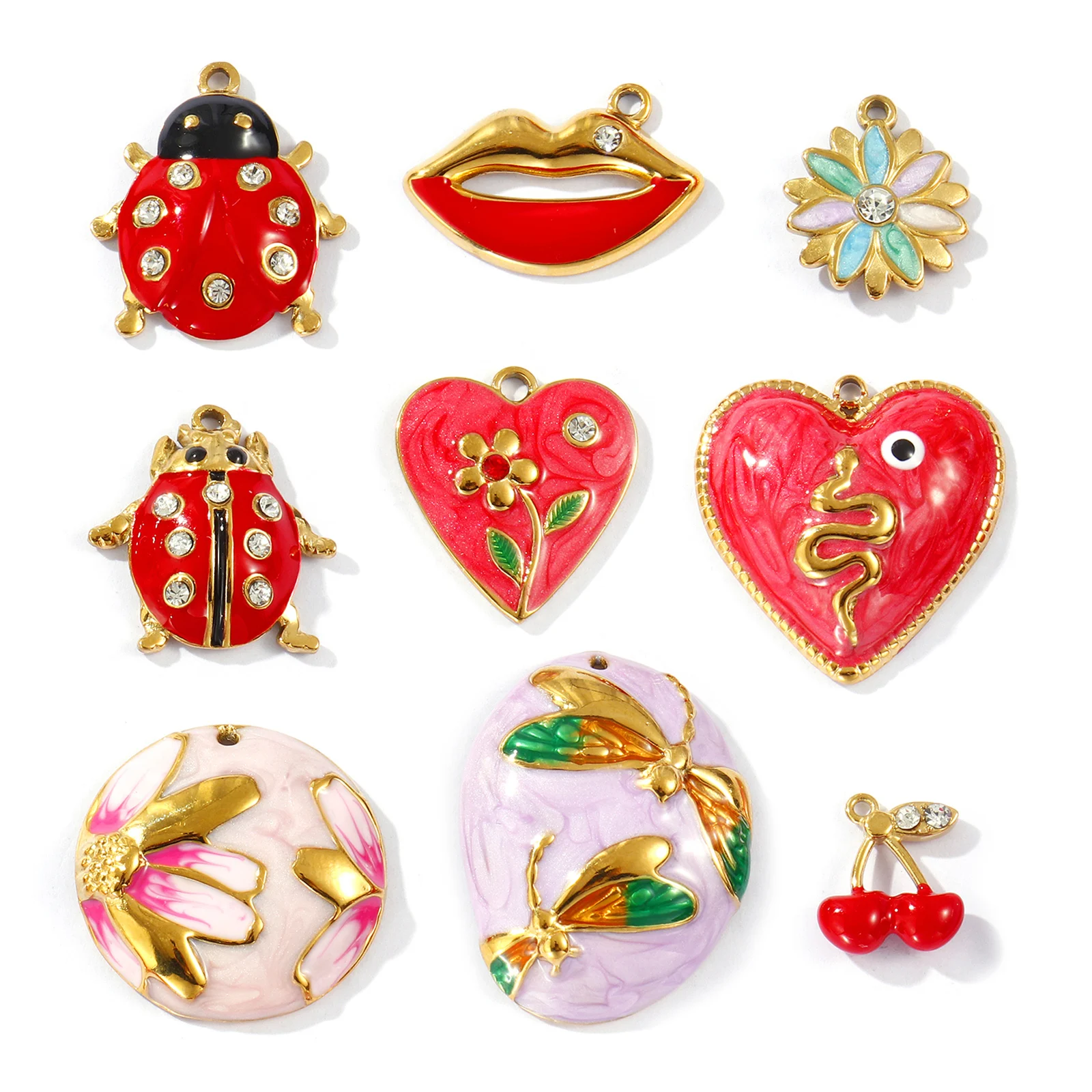 2pcs New Stainless Steel Charms Ladybug Animal Heart Flower Rhinestone Multicolor Enamel Pendants DIY Necklace Earring Jewelry
