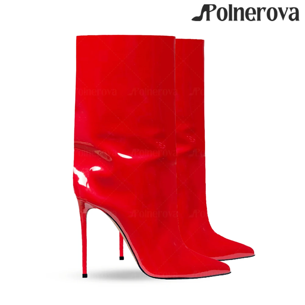 Botas hasta la pantorrilla de aguja de charol, botas tubulares de tacón alto y punta puntiaguda de estilo Sexy, botas hechas a mano de cuero coloridas a la moda para mujer