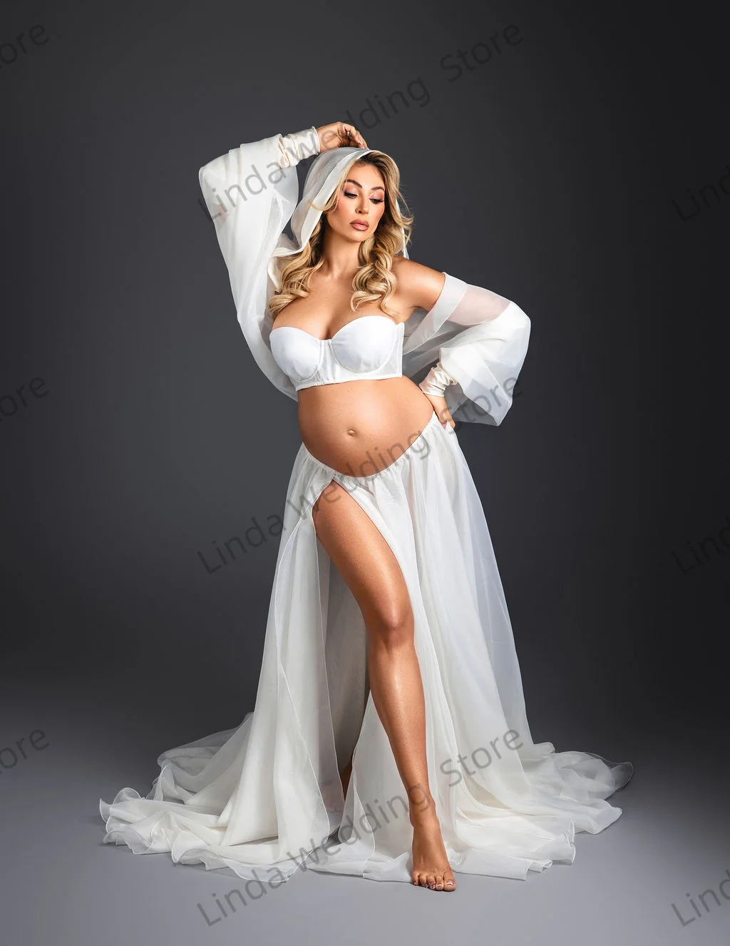 مثير الأبيض ملابس للحمل موردن الحبيب تول الحوامل الفن التقطت الصور الدعائم مخصصة الحمل بيبي دش الجلباب #3