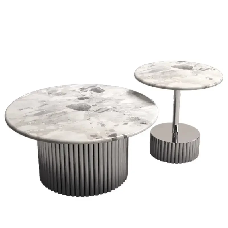 Minimalist Stainless Steel Marble Silver Corner Small Round Coffee Table Adjustable Feet Noise Free Durable Build Easy to Use