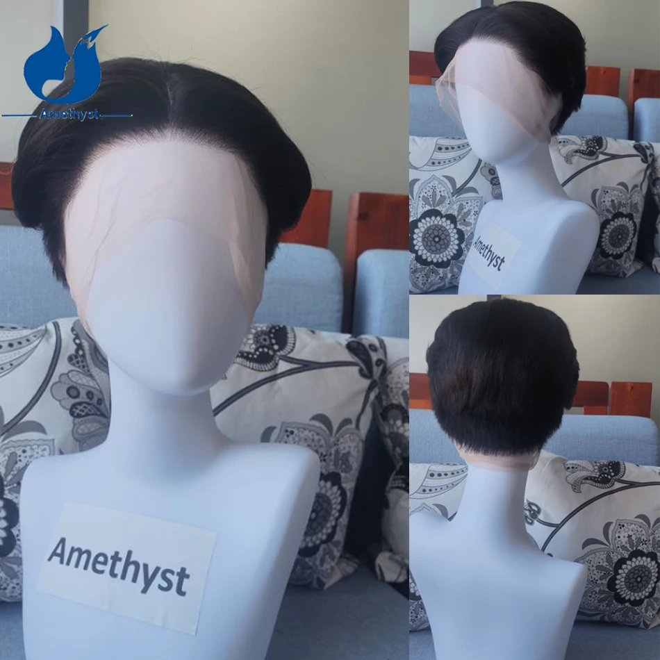

Amethyst Shaved Straight Natural Black Wig Remy Human Hair Short Pixie Cut Full Lace Wig Pre Plucked with Sideburns for Men