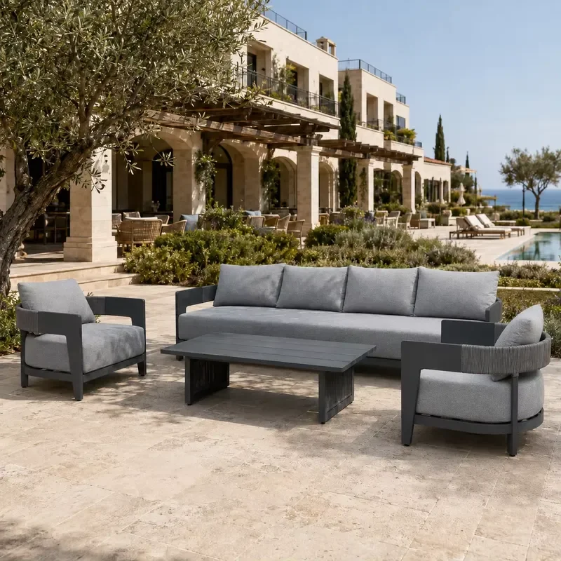Aluminum Rope Outdoor Sofa Set Weather Resistant Hotel Resort Contract Grade Furniture OEM Custom