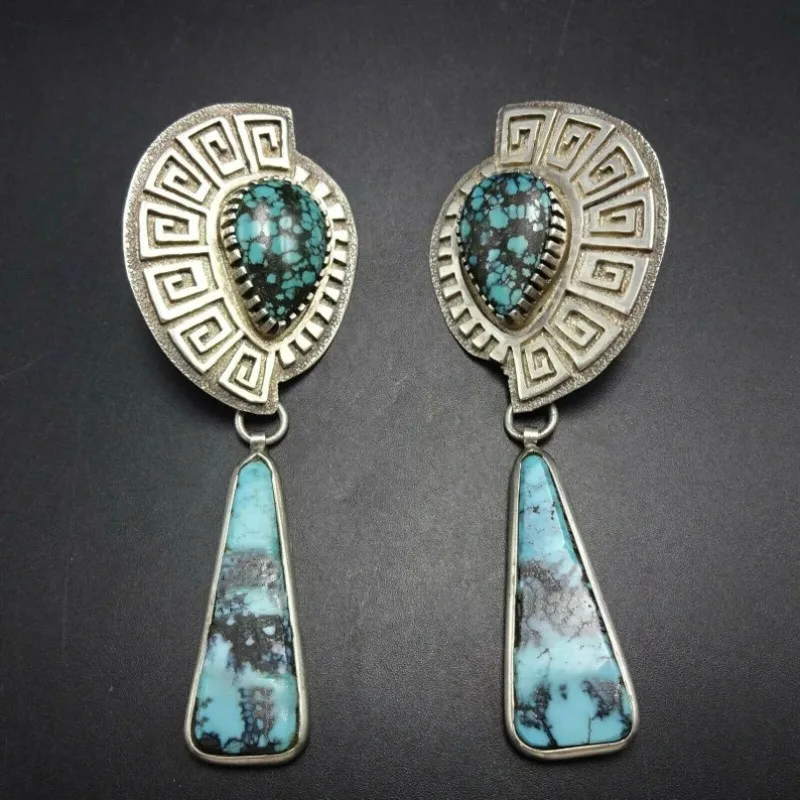 BKBK Antique Silver Native American Geometric Pattern Two-Turquoise Long Dangle Women Earrings Wedding Earrings Fashion Jewelry Gift for Ladies Bride Mom Christmas Valentine 4th July Western Bohemian Party Accessories