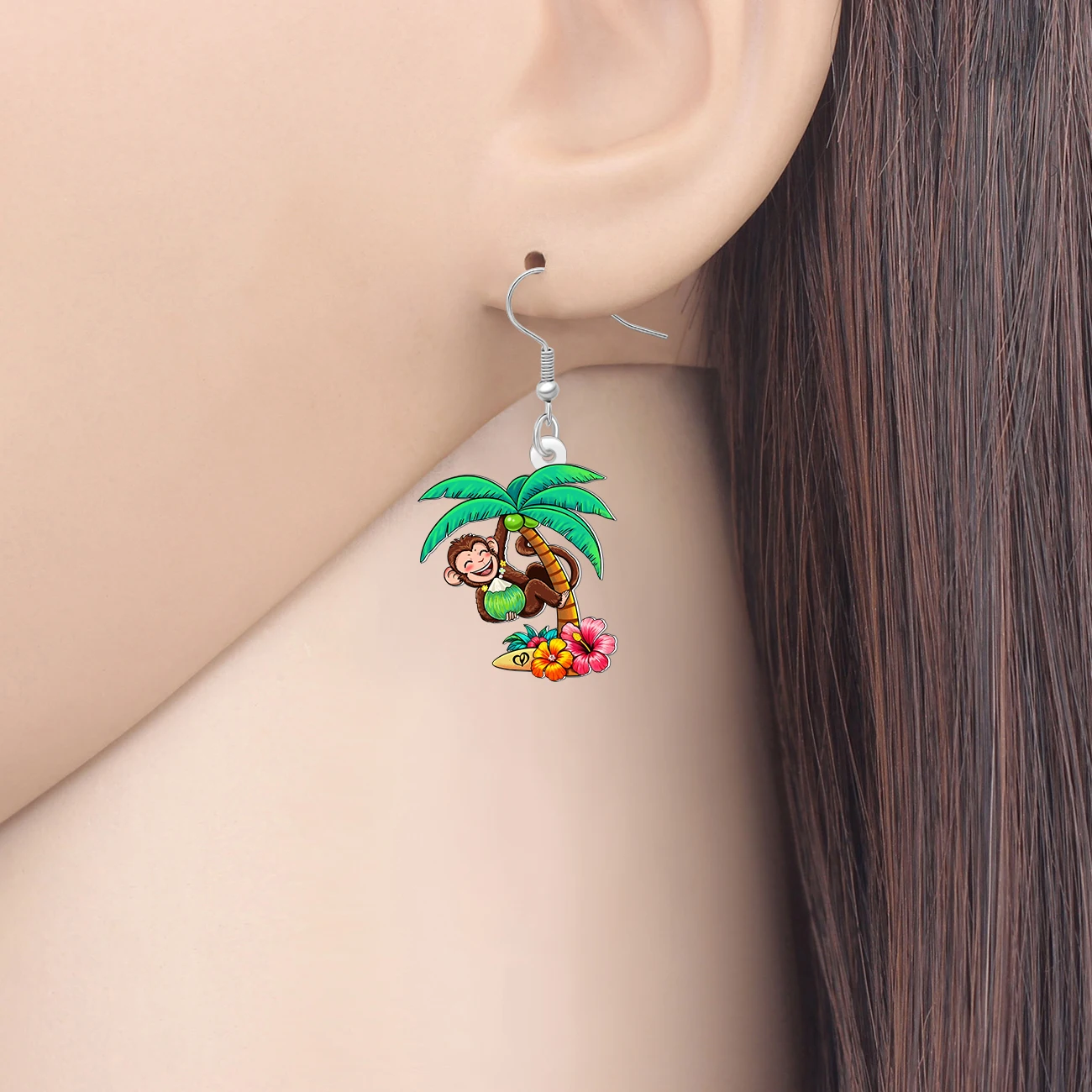 WEVENI Acrylic Hawaii Cute Coconut Tree Monkey Earrings Cartoon Animals Plants Jewelry Gifts For Women Girls Kids Hypoallergenic