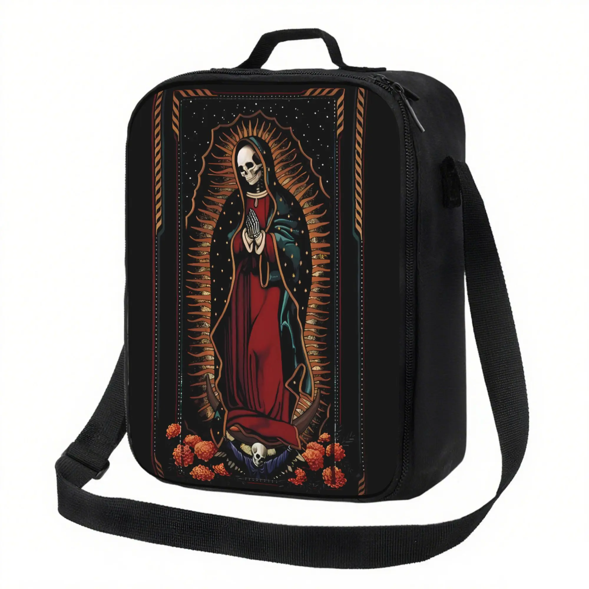 Mexican Dia De Los Muertos Skeleton Guadalupe Virgin Floral Lunch Tote