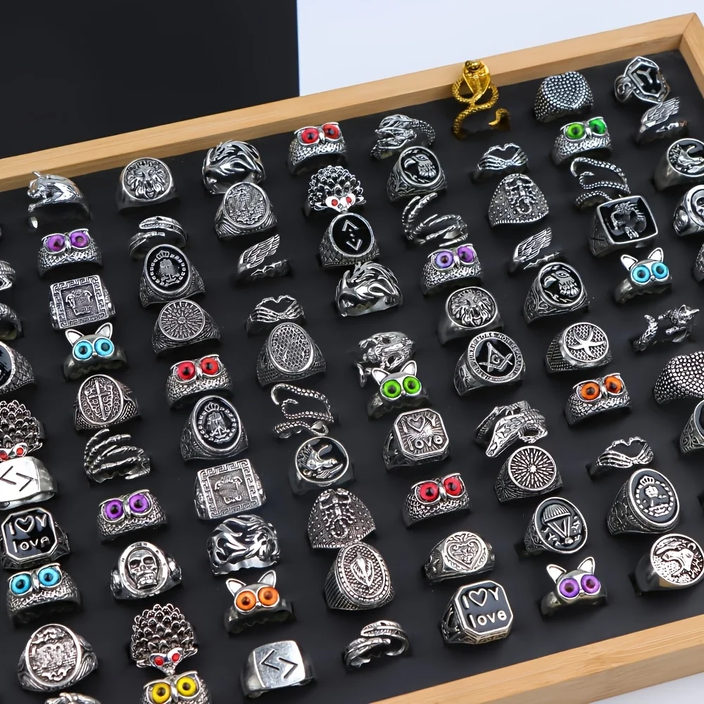 20Pcs/Lot Vintage Punk Gothic Skull Ring for Women Men Retro Owl Skeleton Hip Animal Hop Party Gift Finger Jewelry Mix Style