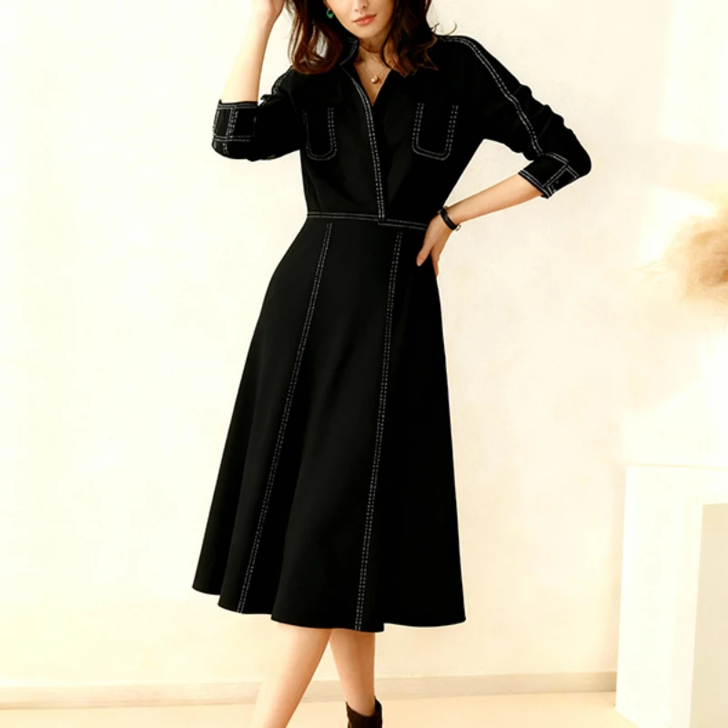 Modigirl-vestido minimalista francés para mujer, vestidos Midi acampanados con costuras contrastantes, elegantes e informales, de Color sólido, 2026