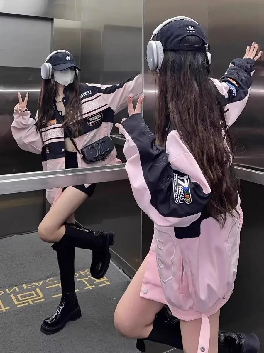 American Fashion Label Detachable Motorcycle Jacket Women's Clothing Retro Hip-hop Loose Couple Baseball Outfit Pink Casual Coat