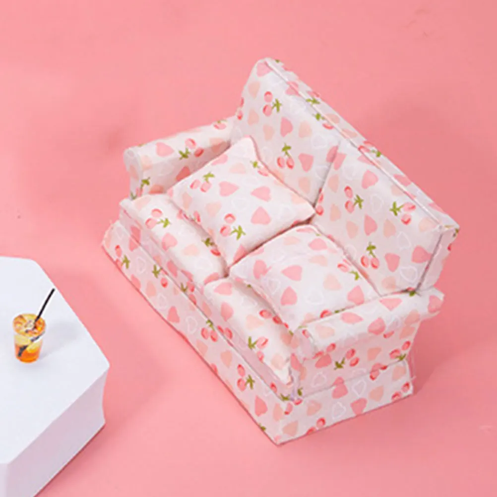 1:12 Dollhouse Cloth Art Sofa Pillows Miniature Cherry Sofa Mini Furniture Model Home Decor Children Play House Toys