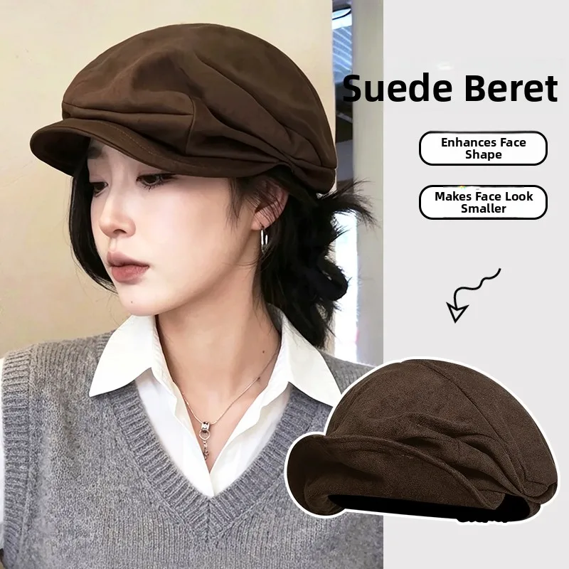 Retro Pleated Beret Hat Women's Style Autumn Coffee Large Head Circumference Art Painter Hat Korean Face Slimming Forward Hat