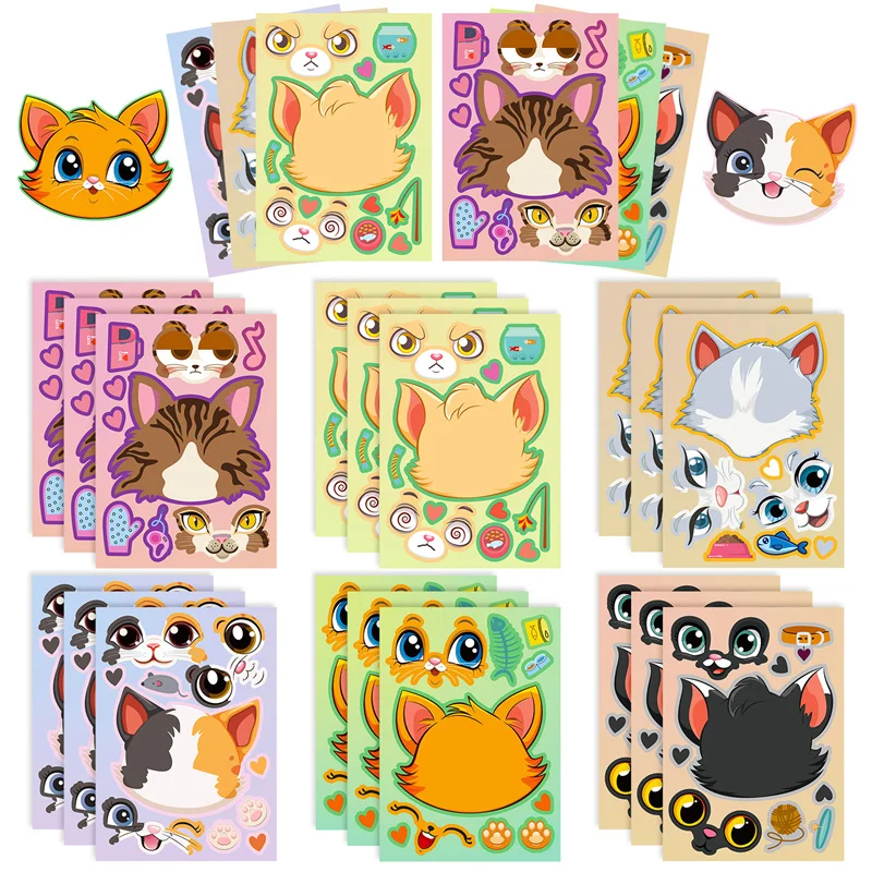 6-24Sheet Make Your Own Cats Stickers Kids DIY Make-A-Face Sticker Party Games School Activity Reward Puzzle Jigsaw Children Toy