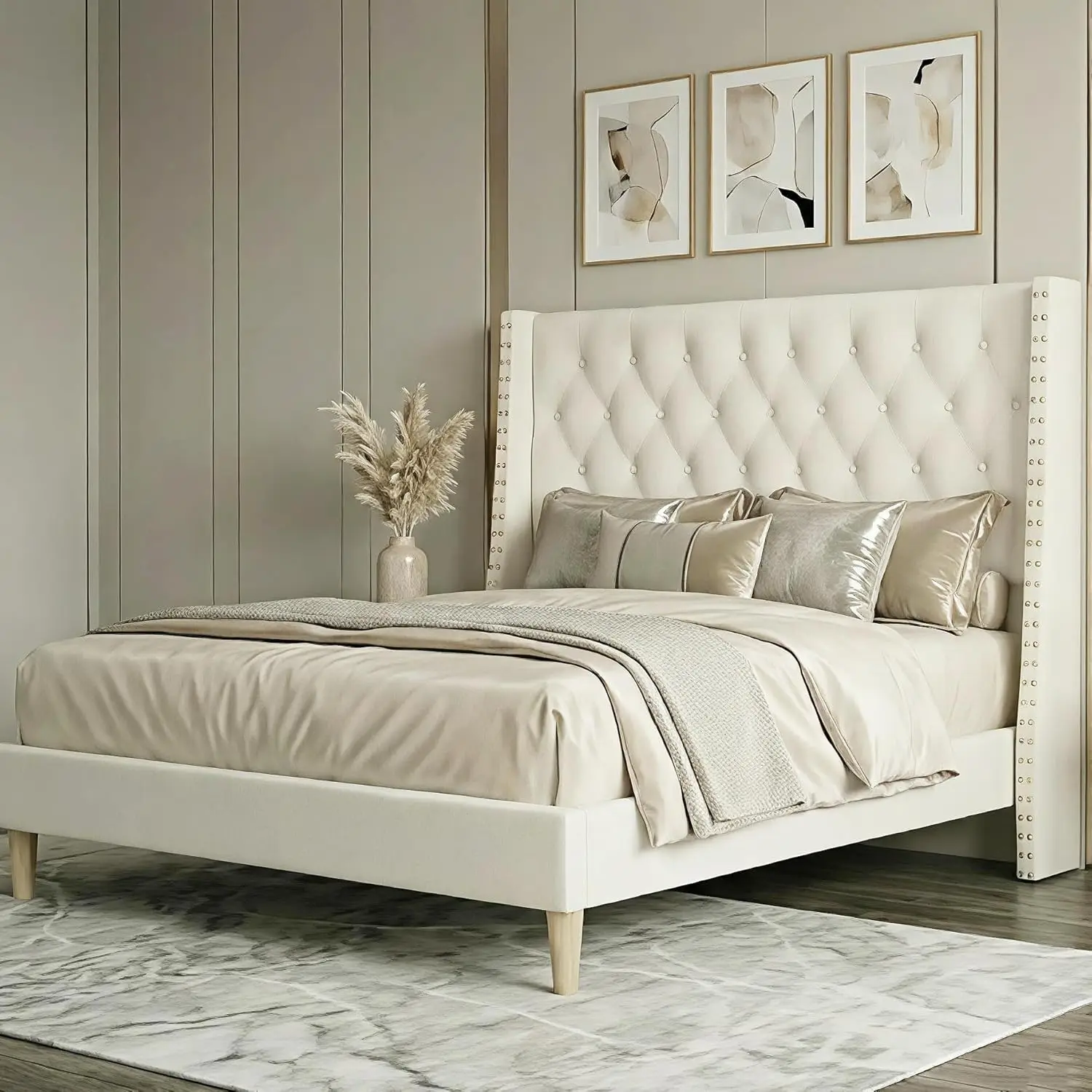 

Full Size Bed Frame White Velvet, 47.2" Tall Wingback Headboard with Gold Nailhead Trim, Upholstered Platform Bed, Customized