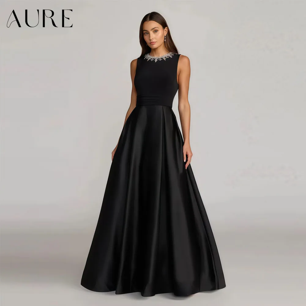Aure Customized Mother of The Bride Dresses Black Rhinestone Neck 3/4 Sleeve Satin A-Line Formal Wedding Guest Evening Gown