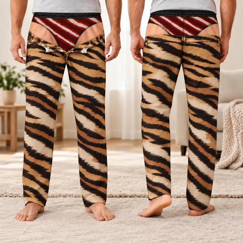 Men's Fun Tiger Striped Fake Hip Printed Casual Pants 3D Red Striped Underwear Pattern Party Mischief Gift Casual Home Pants
