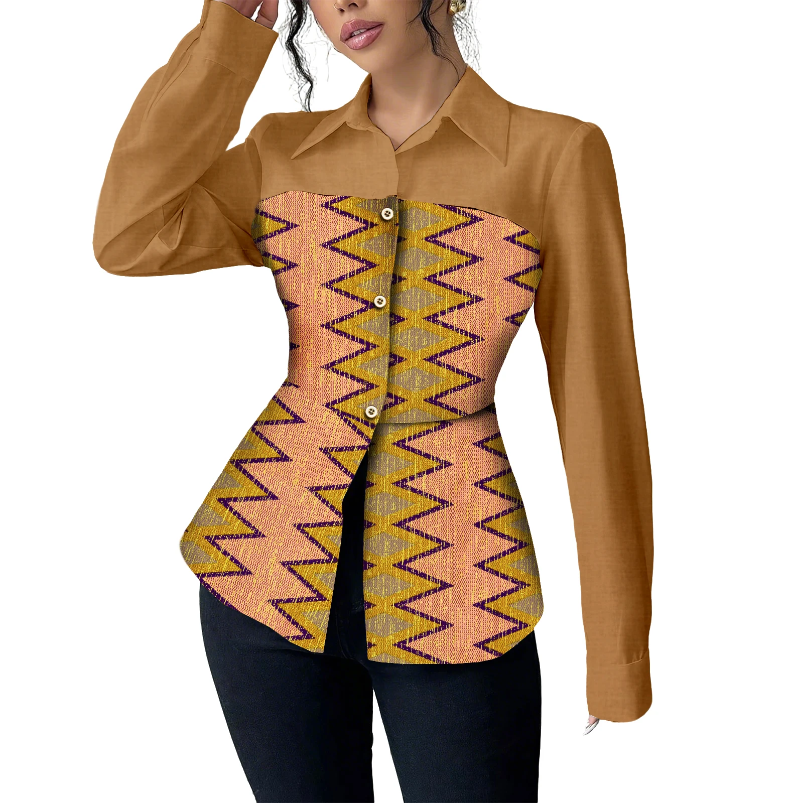

African Shirts for Women Dashiki Cotton Top Batik Kente Print Long Sleeve Zipper Nigeria Blouse Ankara Casual Attire