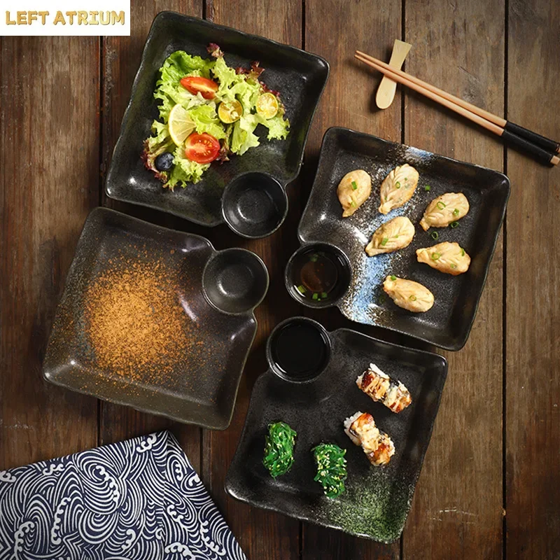 1PC Dumpling Plate Japanese Ceramic Household with Vinegar Plate Grid Plate Creative Hotel Restaurant Square Dumplings