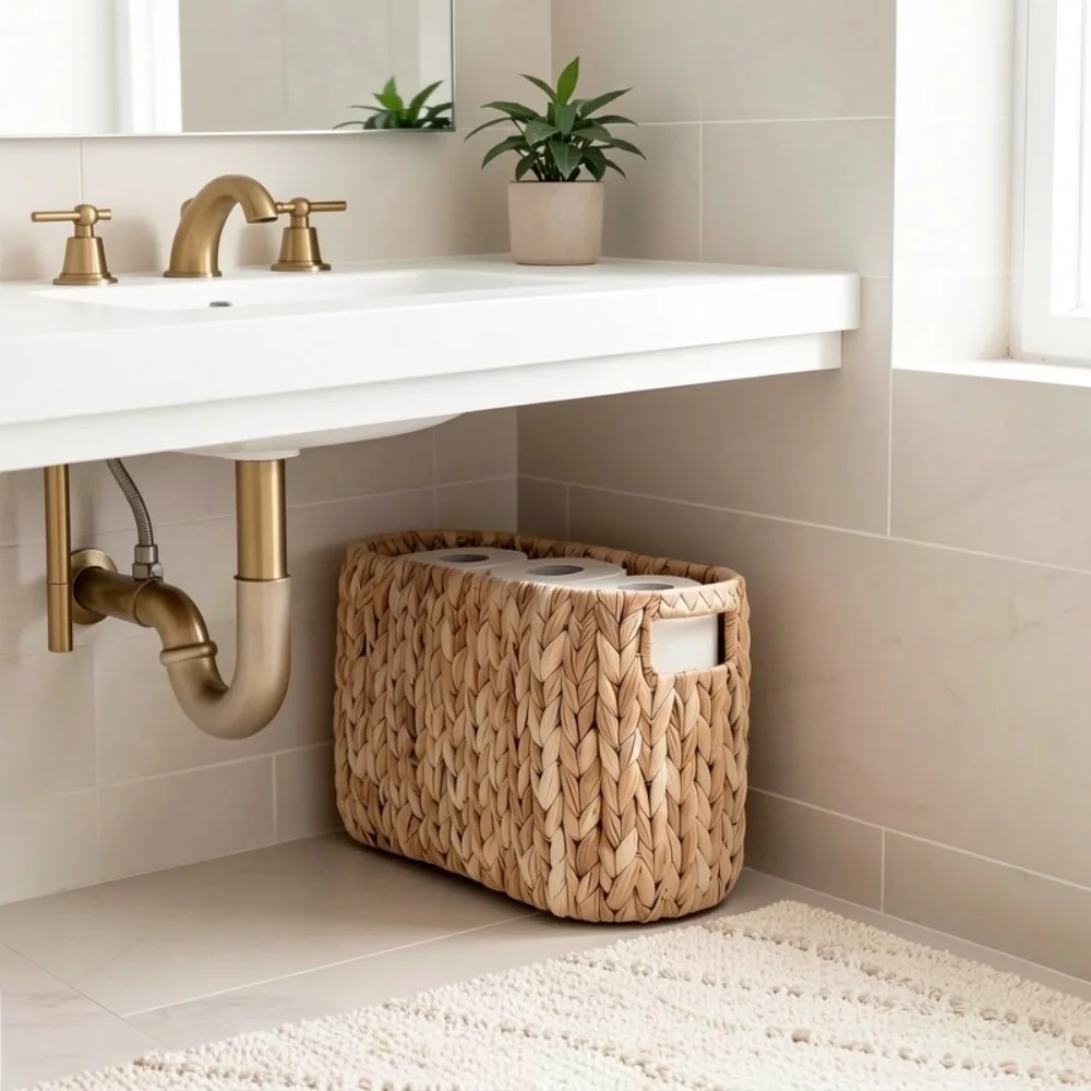 Water Hyacinth Toilet Paper Storage Basket Handwoven large Capacity Toilet Paper Holder Basket Built-in Handles
