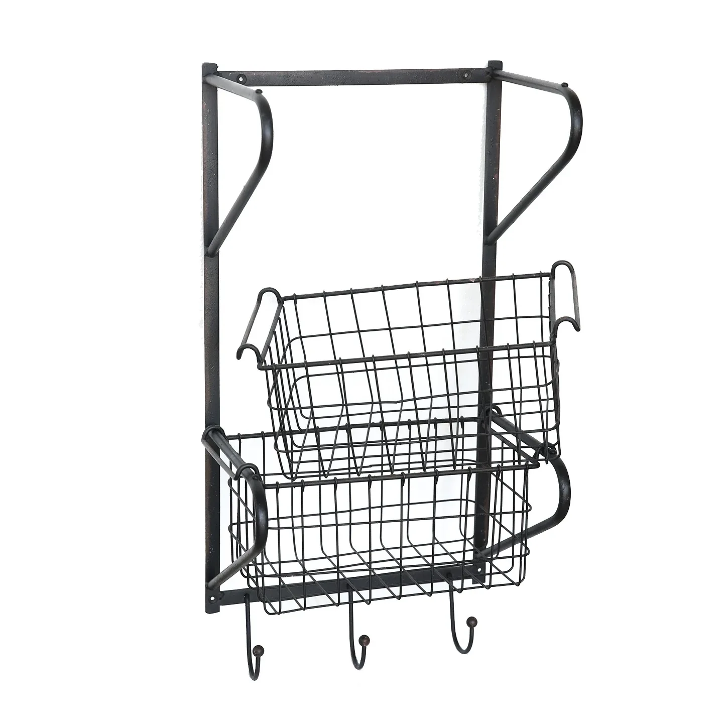 

Wall Mount Storage Organizer with 2 Wire Baskets and Hooks, Antique Bronze Metal, 56cm Height, Rustic Industrial Style