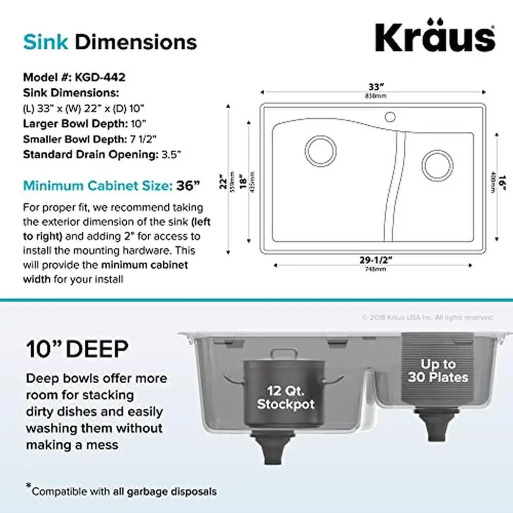 Quarza 33-inch Double Bowl Granite Kitchen Sink White Drop-In/Undermount KGD-442WHITE Kit Included Easy Clean Impact Resistant