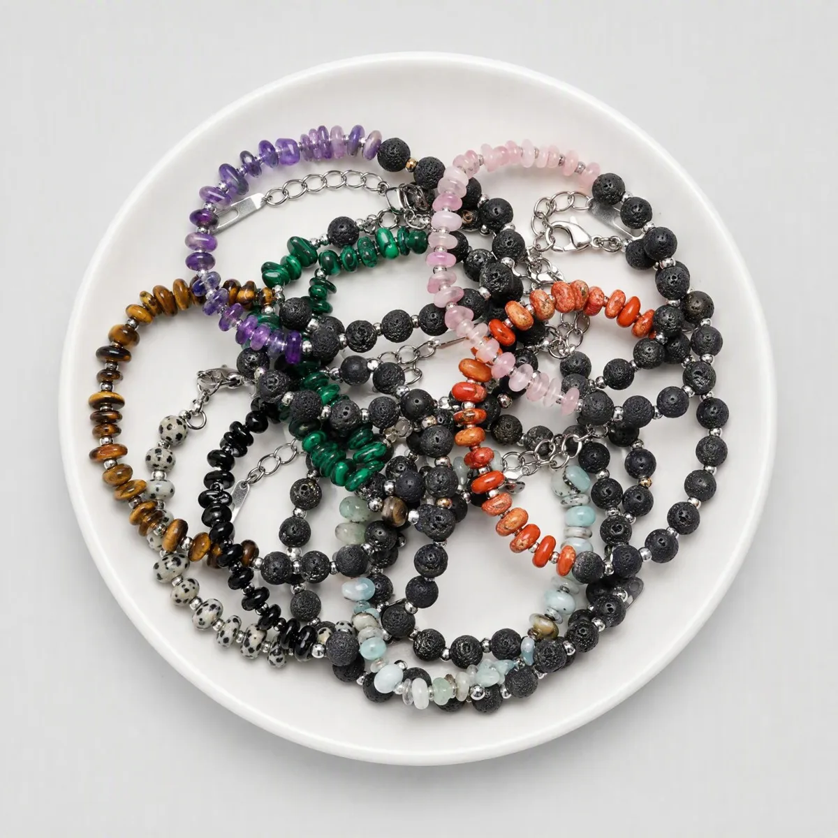 6MM Lava Stone Adjustable Bracelet Silver Clasp Natural Disc Gemstone Spacer Beaded Essential Oil Diffuser Unisex Jewelry