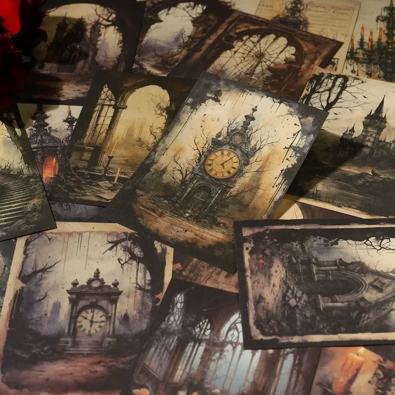 20Sheets Collage Material Paper Silent Opera House Gothic Retro Clock Bottom Writing Handbook Notebooks Scrapbook 14*10CM
