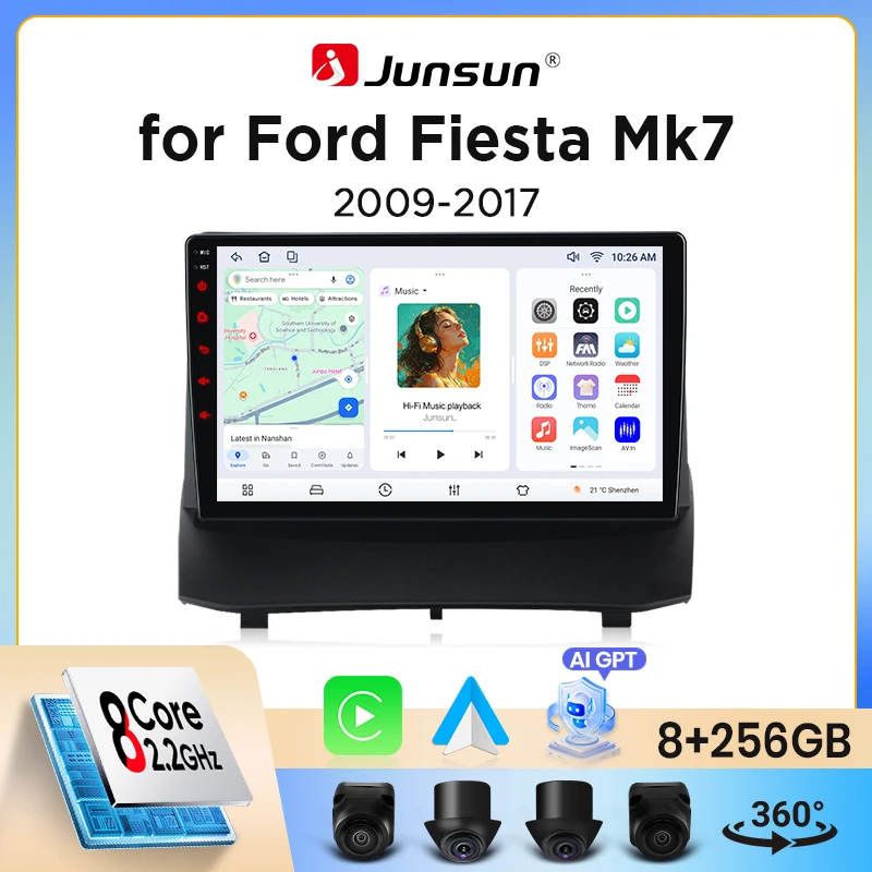Autoradio Junsun sans fil CarPlay Android Auto pour Ford Fiesta Mk7 (JA8/JR8) 2008-2017 avec ventilateur de refroidissement intégré, navigation GPS Android, lecteur multimédia, WiFi, DSP, RDS, BT,
