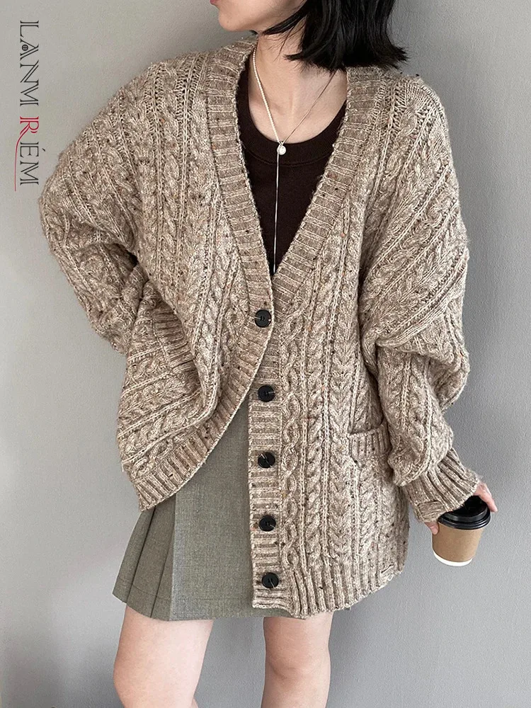 [LANMREM] Fashion Knitting Cardigan Sweater For Women V Neck Single Breasted Warm Female Loose Coat 2024 Autumn New 26C617