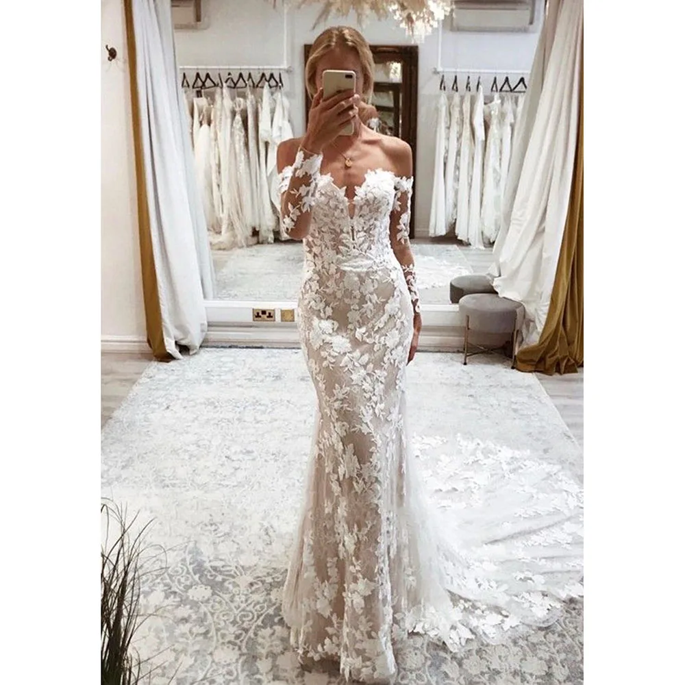 Doymeny Charming Mermaid Wedding Dresses Long Sleeve Off The Shoulder Bridal Dress Appliqued Lace Bride Gowns 2024