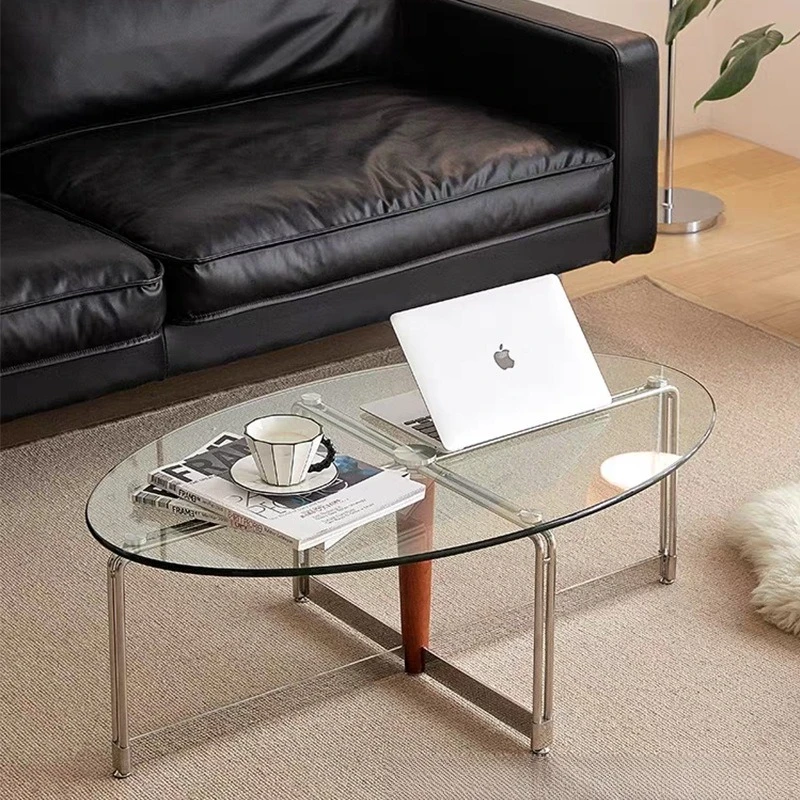 Korean stainless steel medieval light luxury glass coffee table simple oval