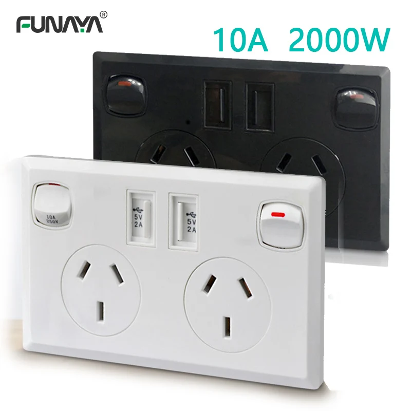 

Wall Power Socket AU NZ AR Plug 10A AC110 220v 2500W 2 Way 2 outlet with 2 Usb 5V 2A with On/off Switch White Black 118 Sockets