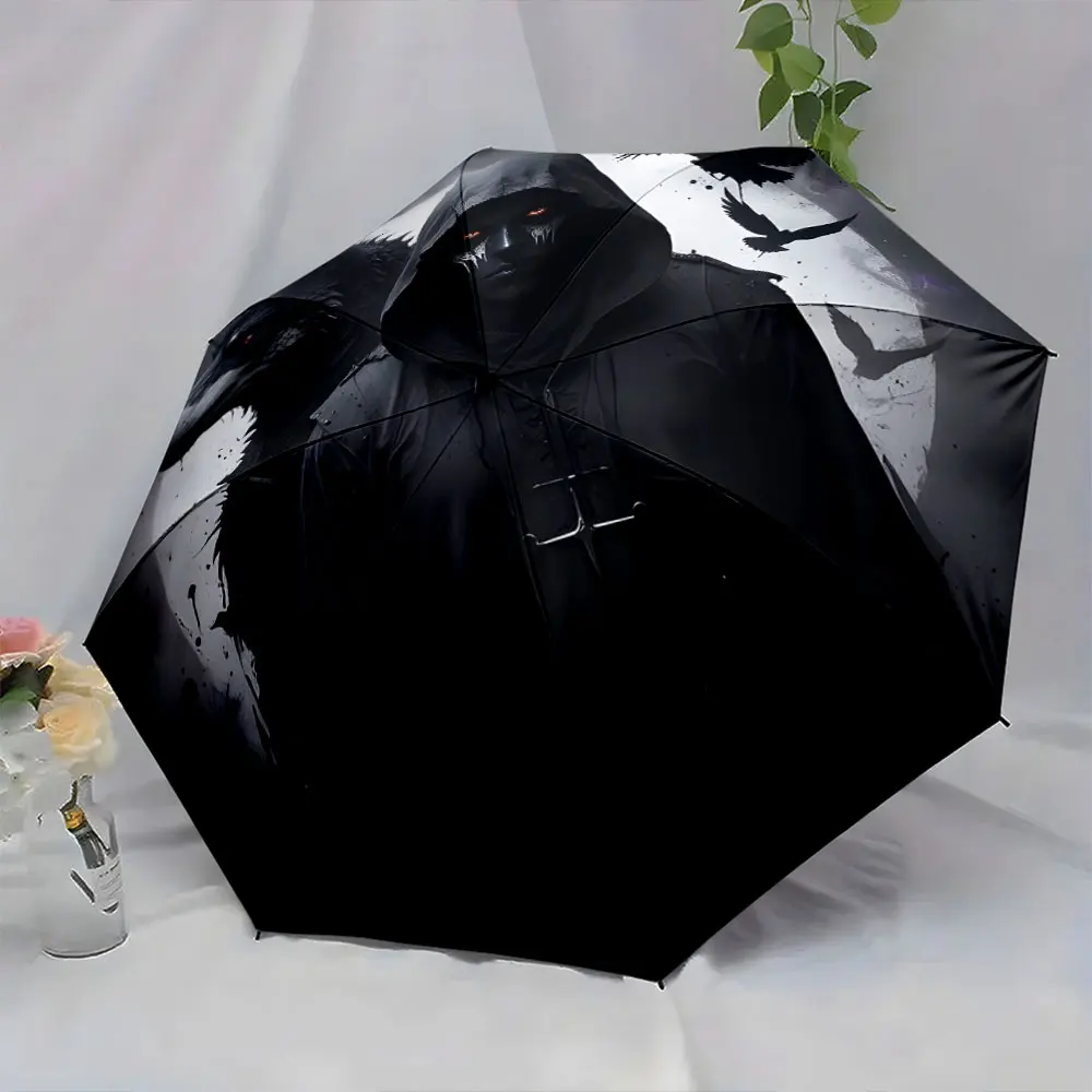 1PC Dark Hooded Figure and Wolf Design Umbrella Print 8 Iron Ribs Folding Umbrella Auto-Open Fashion Sunshade