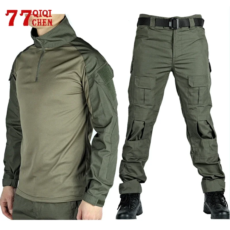 Conjunto de calças masculinas resistentes ao desgaste, camisas ao ar livre, vários bolsos, secagem rápida, treinamento masculino, 2 peças