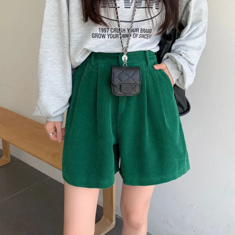 Y2k Fashion Green Corduroy Shorts Women Fall High Waist Wide Leg Black Shorts Female Vintage A Line Baggies Outwear Clothing New