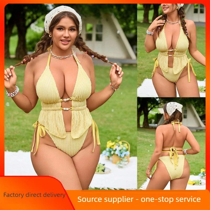 

2025 New Women's Plus Size Bikini - European American Adjustable Drawstring Tie Sexy Two-Piece for Beach & Pool Parties