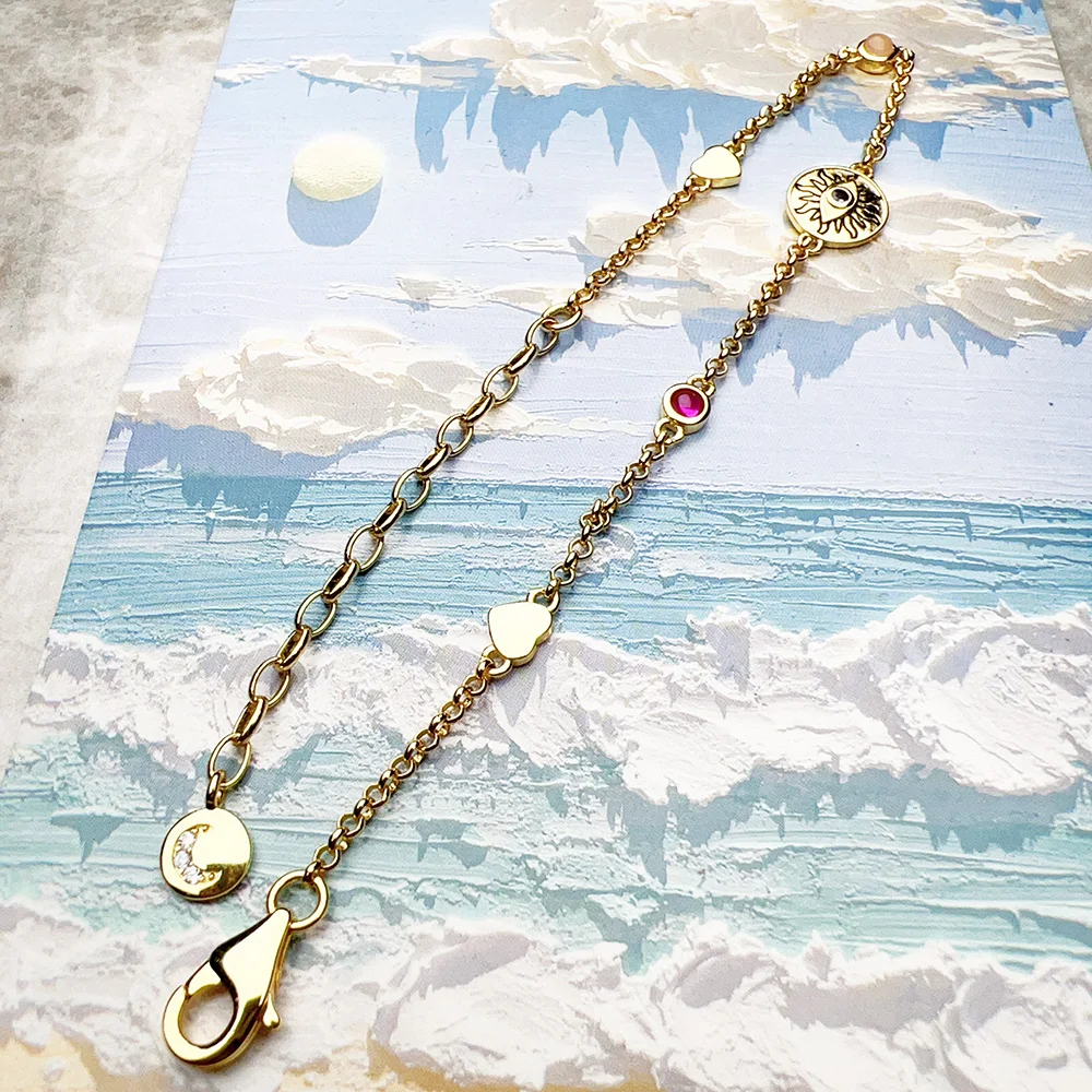 Yellow-Gold Plated Bracelet Sun Coin Brand New Link Chain 925 Sterling Silver Vintage Jewelry Summer Gift For Women