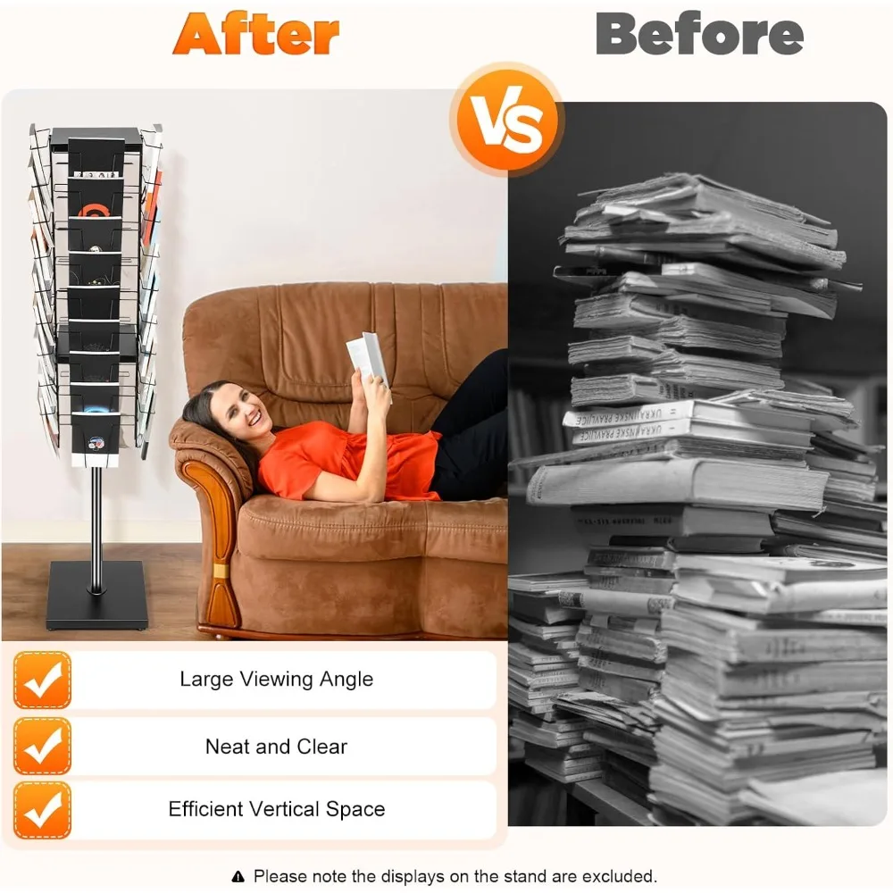 360 °   حامل مجلة أرضي دوار مع 36 جيبًا لتخزين الكتب الهزلية في الردهة