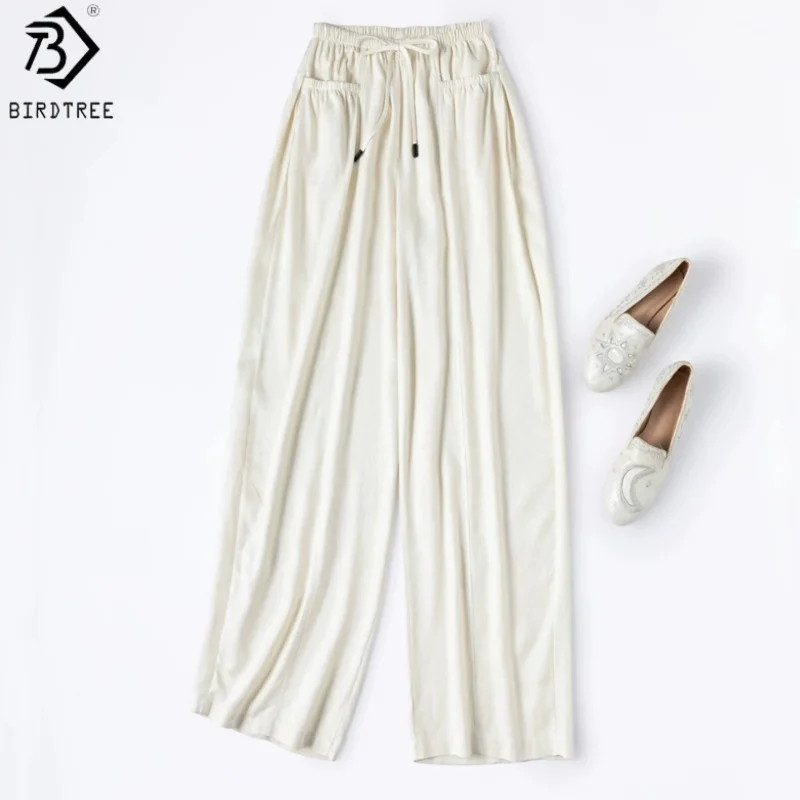 

Birdtree, 100% Real Silk Harem Pants, Women Jacquard Spun Silk Loose White Trousers, Elastic Waist, 2026 Summer New P65031JF